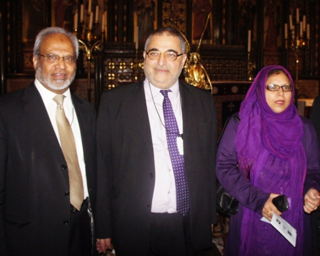 Dr Shuja Shafi (Muslim Council of Britain), Sayed Yousif Al-Khoei (Al Khoei Foundation) and Baroness Uddin at St Mary Undercroft in the Houses of Parliament on the UN International Day of Peace 2012.